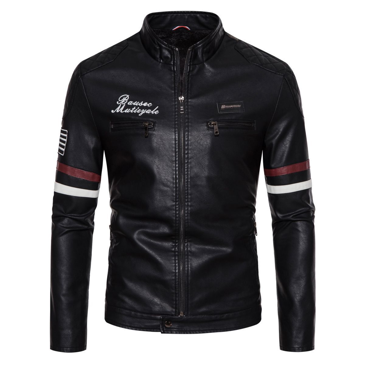

Новая мужская кожаная куртка на осень, воротник-стойка, цветовое сочетание, облегающий крой, бархатная молния, модная повседневная мужская кожаная куртка 4XL