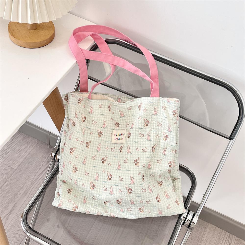 Cute Printed Kitten Canvas Bag Large Capacity Double Layer Work Bag Student Girl Summer Handbag