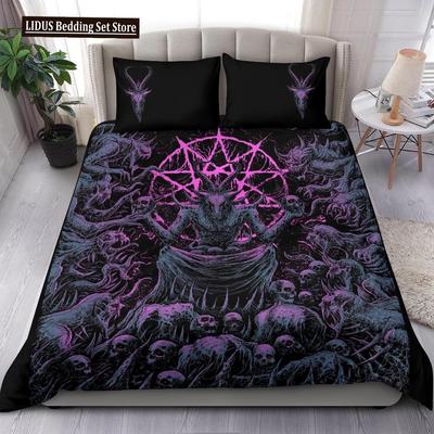 Set Copripiumino Teschio Scheletro Teschio di Capra Satanico Set Biancheria da Letto Trofeo Demone Razza Blu Notte Rosa Copripiumino Baphomet Satanico