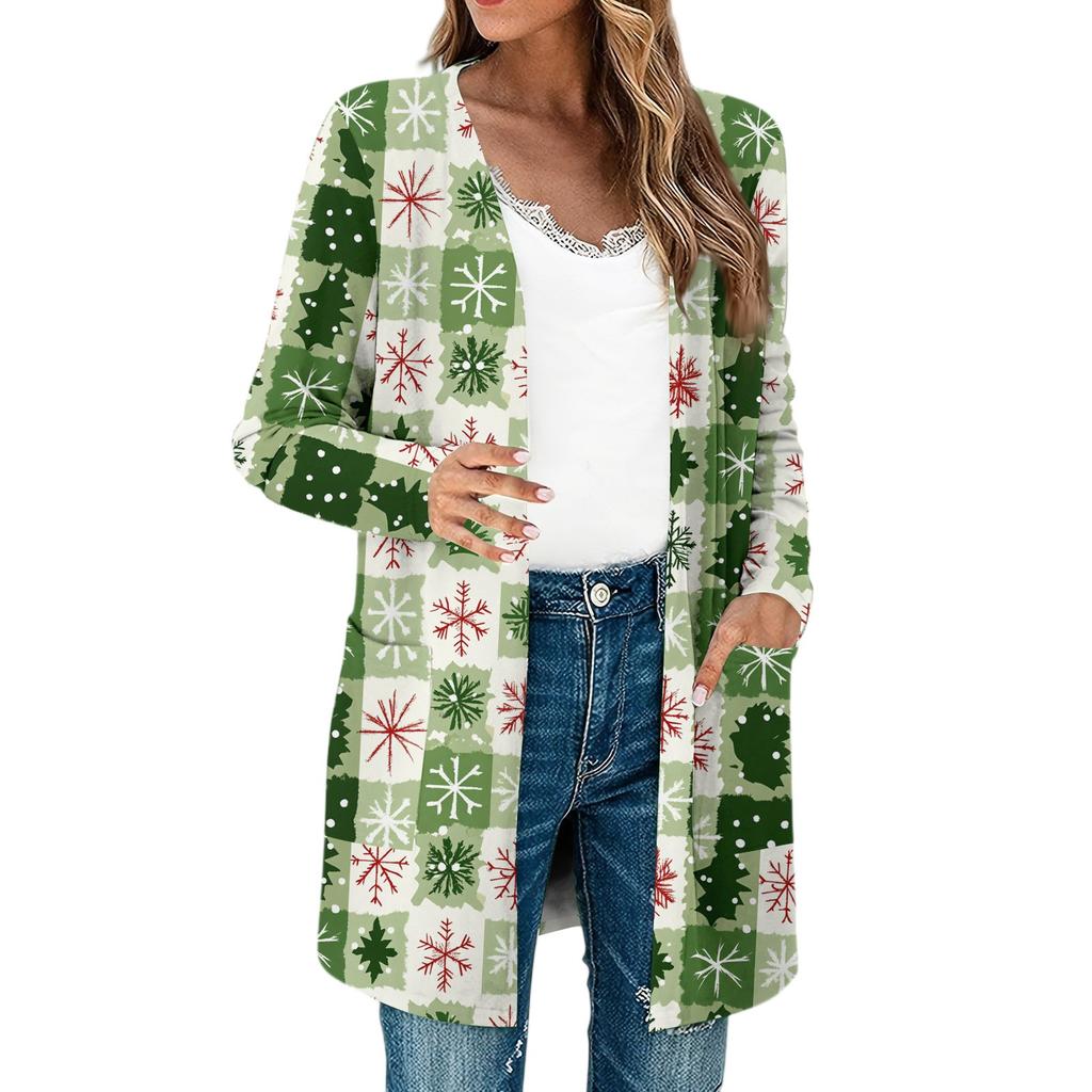 Damen Leichte Langarm Offene Strickjacken Langarm Leichter Vintage Bedruckter Mantel mit Taschen