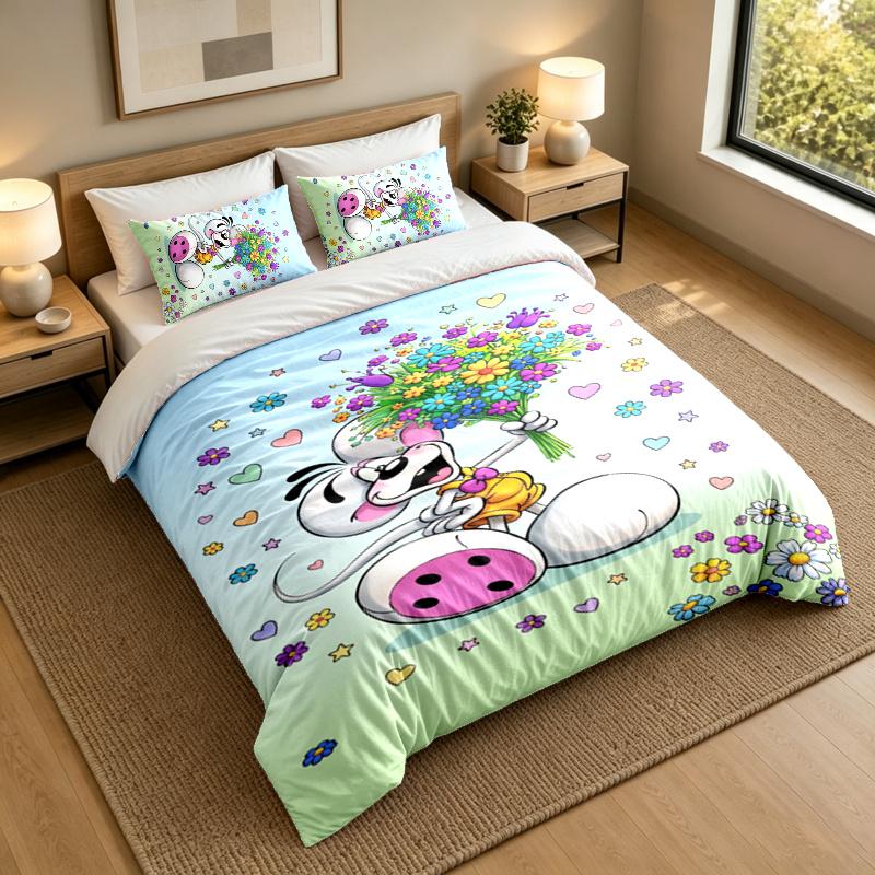 3-Piece Bed Sheet Set with Diddl Design, 1 Flat Sheet and 2 Pillowcases for Bedroom