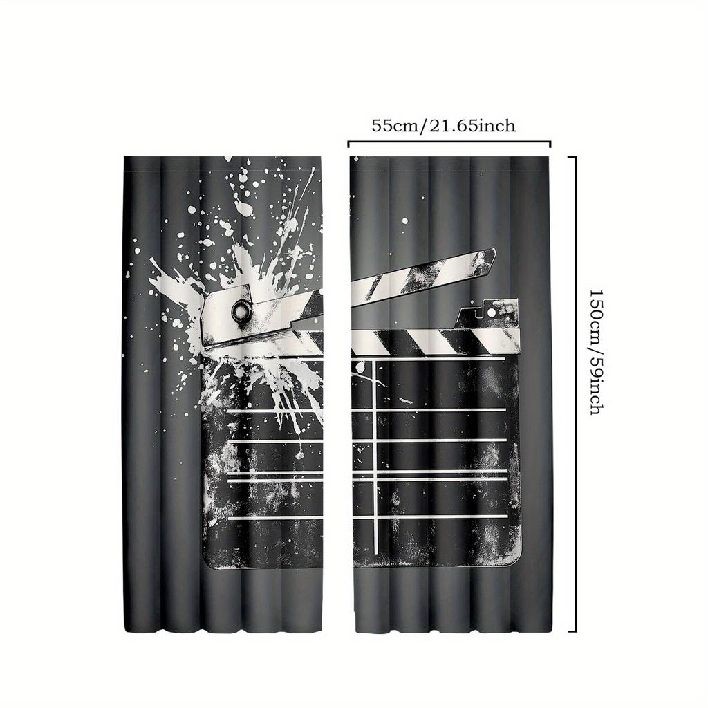 2pcs Grunge Movie Curtains   Clapper Board and Retro Film Backdrop for Window Drapes