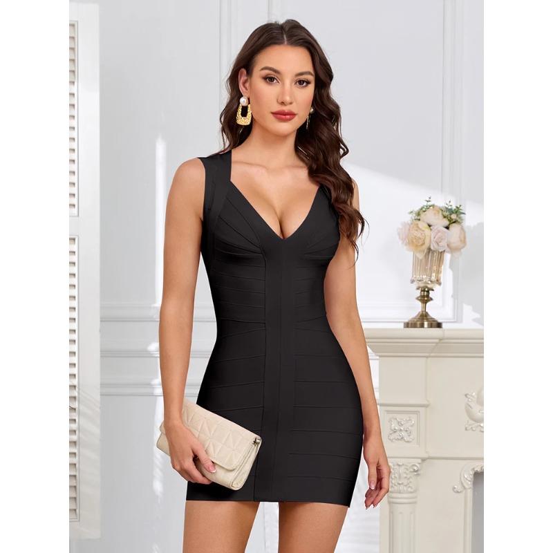 BEAUKEY Lyxig Sexig Djup V-ringad Bandageklänning Ränder Smal Bodycon Mini Fest Kändis Kvällsklänning Elastisk Stickad Klänning Vestidos