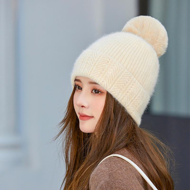 Women Winter Knit Beanie Hat Rabbit Fur Womens Winter Hats