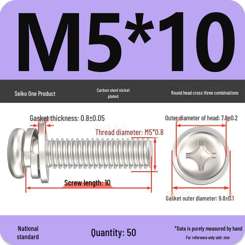 Nickel-Plated Phillips Pan Head Screw with Washer, M2-M6 Thread