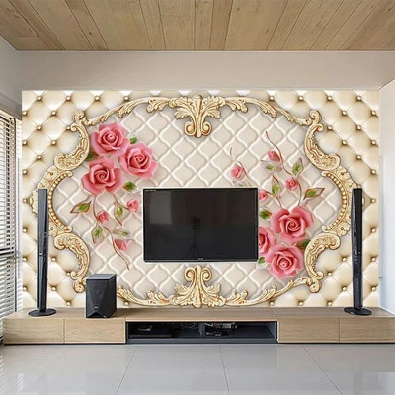 Custom 3D Wall Mural European Style 3D Stereo Rose Flowers Soft Roll Wallpaper Living Room TV Sofa Background Wall Decor Fresco