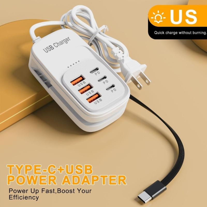 Universal Plastic Wall Chargers Multiple Port 3 Type C 3 USB A for Most Electronics Device Lightweight for Portable Use