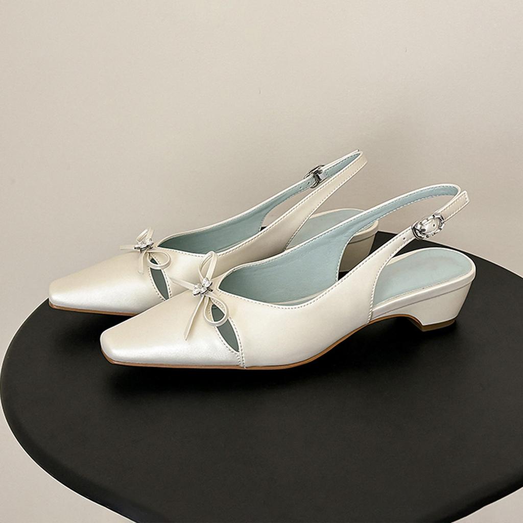 Sheepskin rhinestone bow hollow leather sandals women's square head thick heel summer wear with skirt bag head shoes