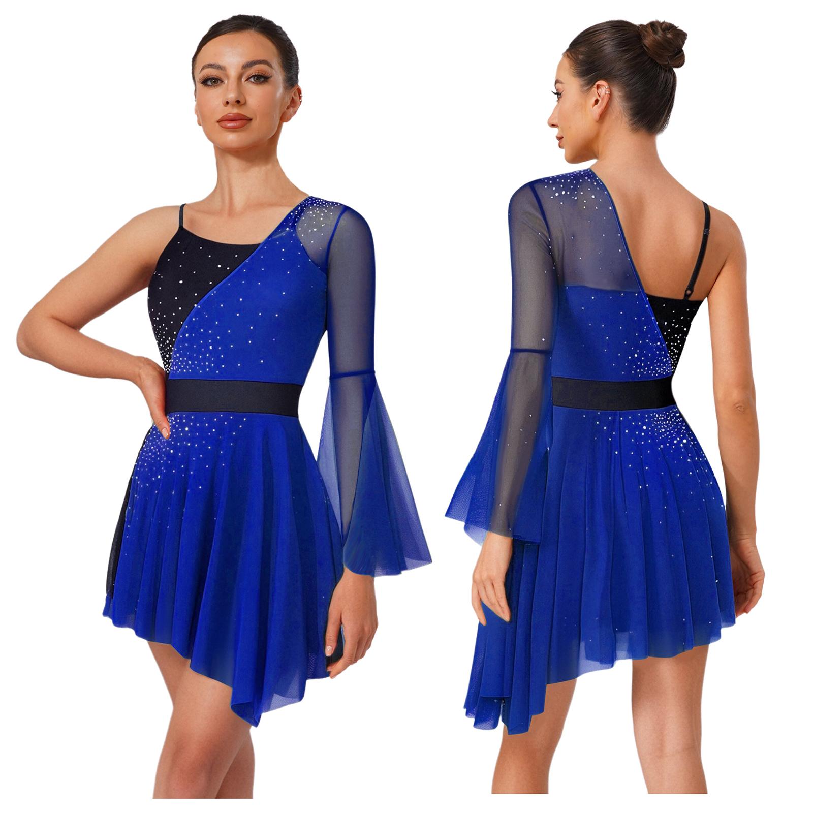 

Женское платье для соревнований по фигурному катанию S-XXL: Сетчатый топ Color Block с одним эффектным рукавом-клеш и встроенными трусиками для современного танца S синий