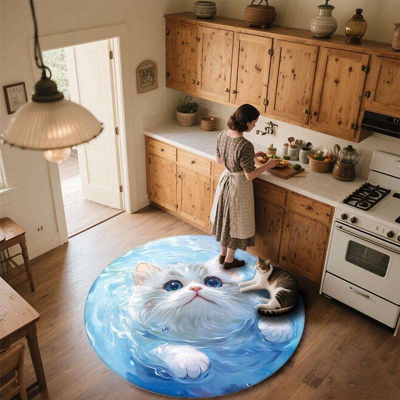 Water Ripple Cat,Round Area Rug,Carpet Rug for Living Room Bedroom Sofa Playroom Decor,Non-slip Floor Mat