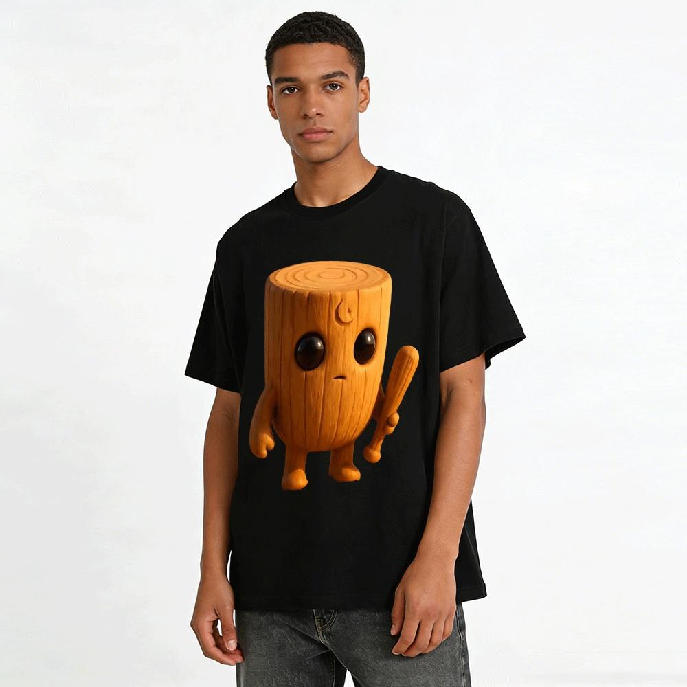 Cute Stump Character With Bat Fun Print Casual Top Pure Cotton T-shirt