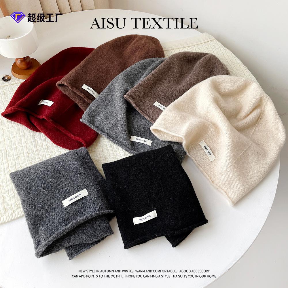 Solid color wool knitted stacking hat women's autumn and winter 0% all-wool knitted hat fashionable versatile cold hat ear protection hat