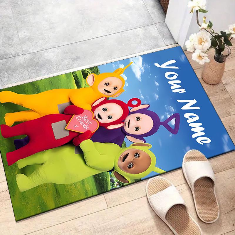 Custom Teletubbies Mat Personalized Name, Polyester Washable Indoor Entryway Rug, Gift for Christmas, Easter, Thanksgiving Day