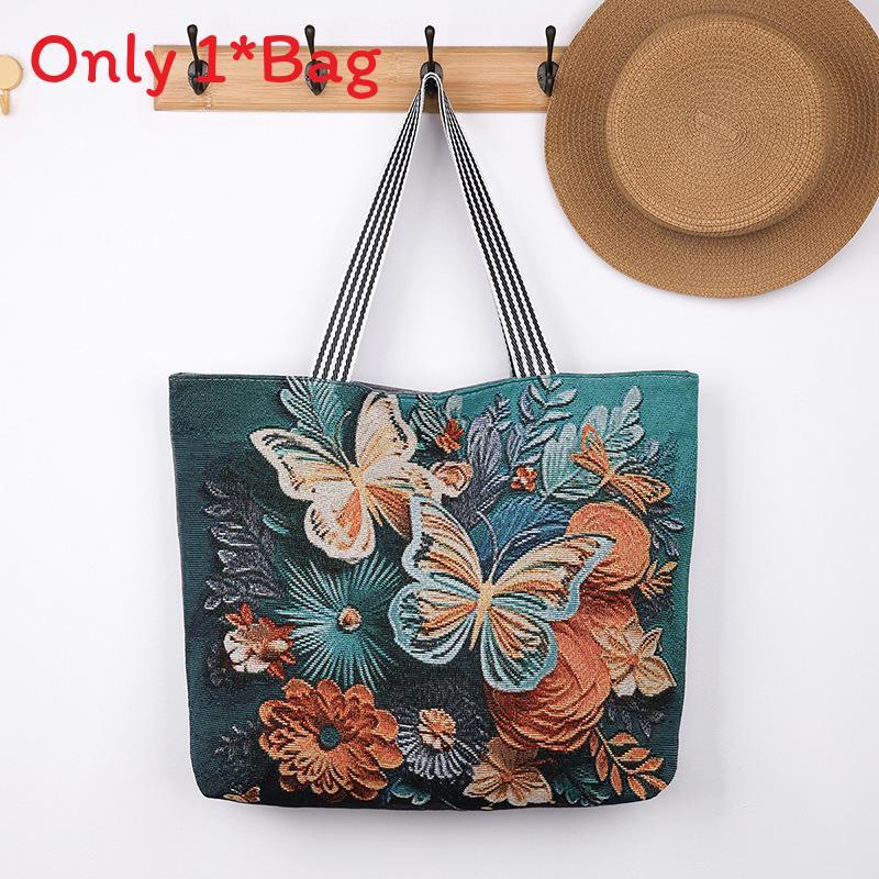 Elephant Hello Kitty Butterfly Embroidered Canvas Tote Bag With Seamed Stitching For Daily Use