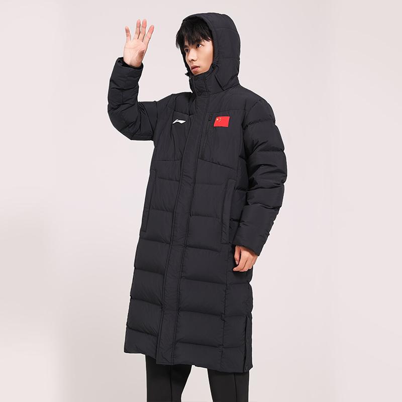 Li-Ning Knee-Length Warm Side-Slit Versatile Hooded Down Jacket Unisex Outerwear Black AYMS185-4
