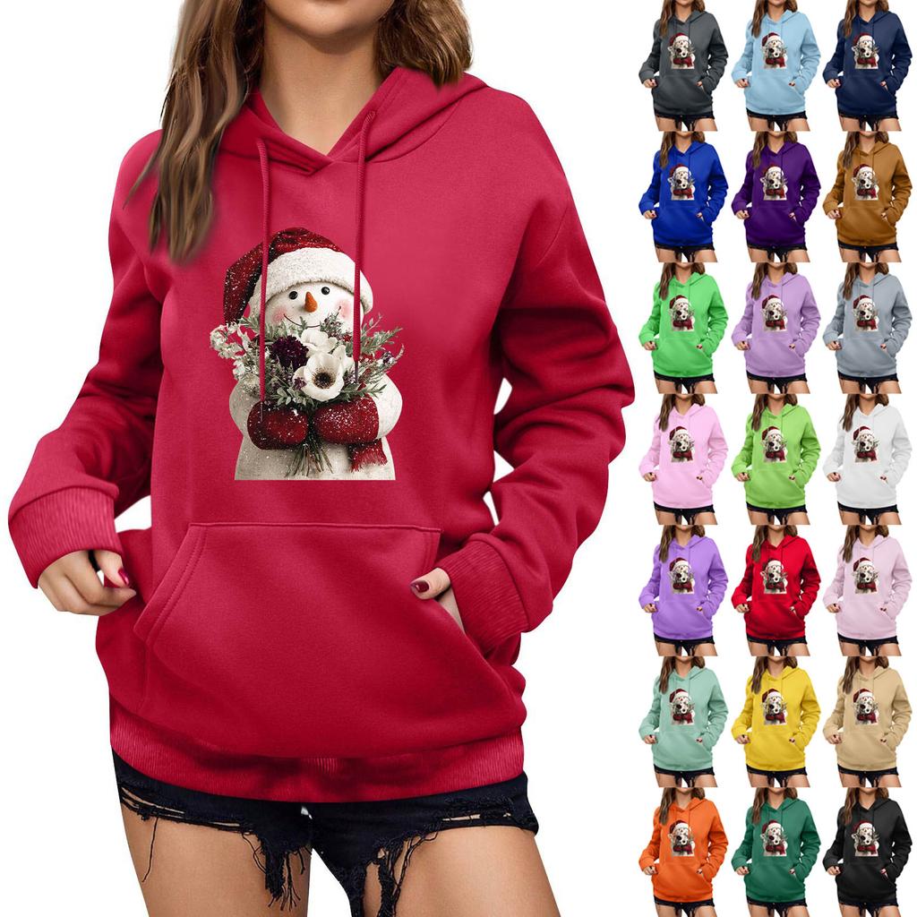 Women's Winter Christmas Printed Pullover Hooded Sweatshirt Fleece Long Sleeve Sweatshirt