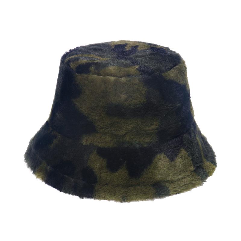 Autumn and Winter New Fashion Imitation Rabbit Plush Pot Hat Printing Camouflage Bucket Hat Thermal Hat Men and Women Foreign Trade Europe