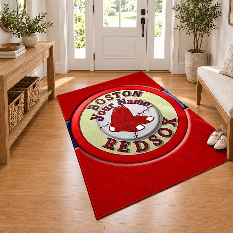 Boston Red Sox Custom Name Personalized Rug Non‑Slip Doormat Floor Carpet Housewarming Birthday Gift for Family Friends
