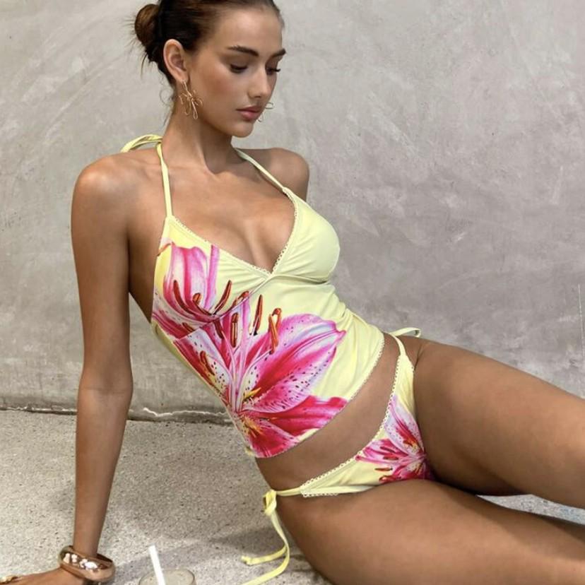 European & American Cross-Border Fashion Print Lace-Up Women s Split Tankini Swimsuit S светло-желтого