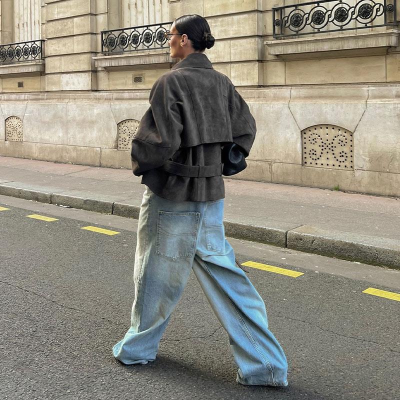 Fashion Women's Short Suede Jackets Belt Lapel Puff Long Sleeve Zipper Pockets Coats 2025 Spring Lady Vintage Street Outwears