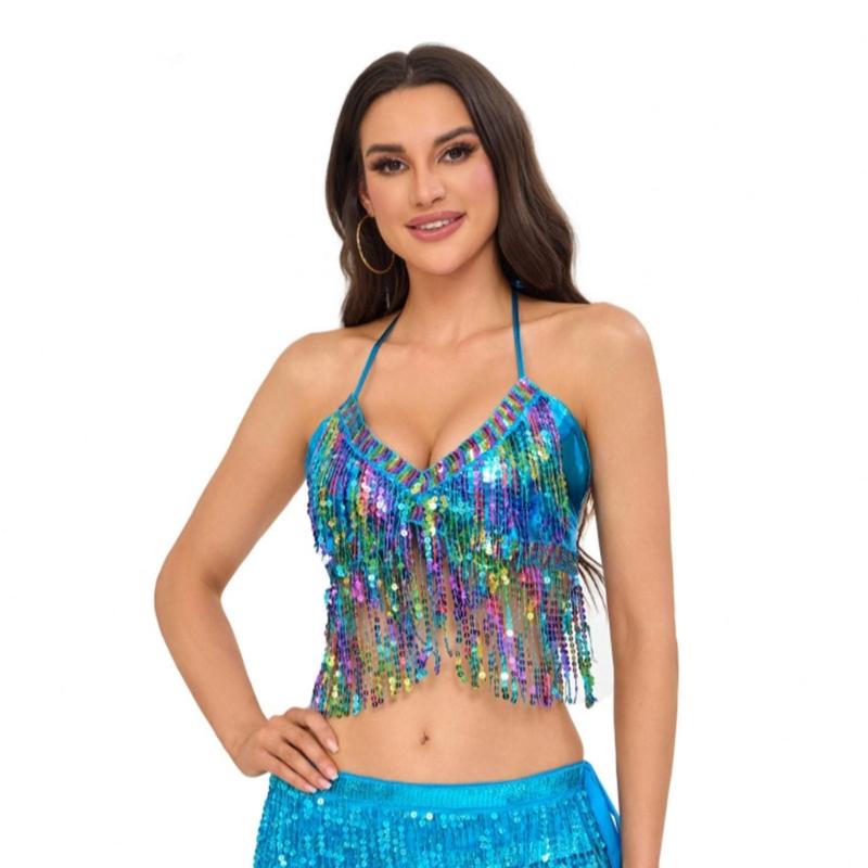 Belly Dance Bandage Glitter Bra Top with Chest Pad Women Belly Dance Costumes for Cosplay Halloween Performances Stage