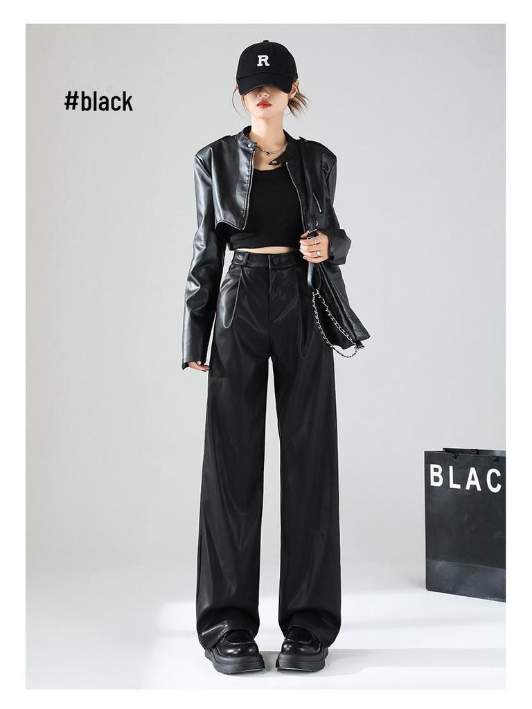 Women's High-Waist PU Leather Pants: Matte, Retro, Fashionable Wide-Leg Trousers for Spring & Autumn