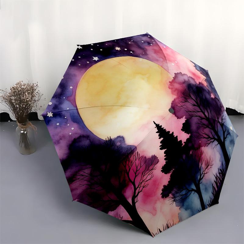 1pc Moonlit Forest Automatic Folding Umbrella, Heavy Duty 8 Rib Iron Frame,  Suitable for Travel, Daily Use, Birthday, Decor Gift m0105122