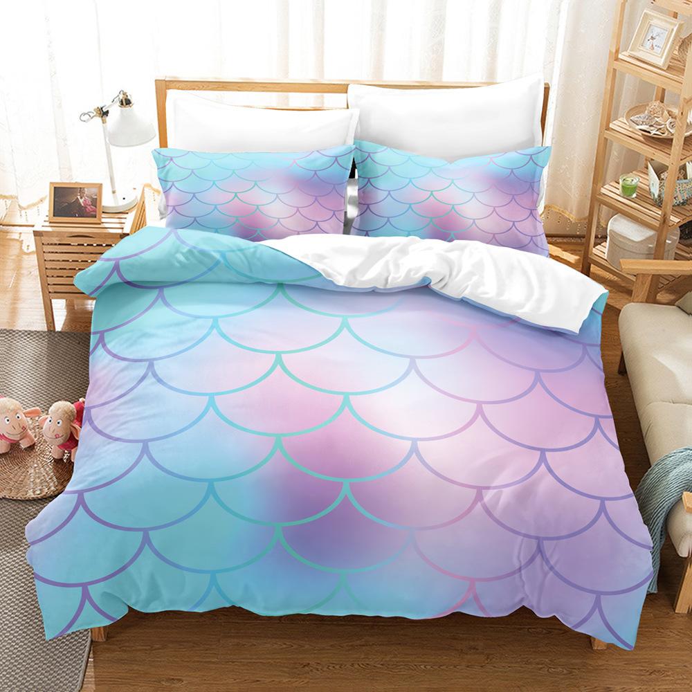 Laser Gradual Change Fish Scale 3D Digital Printing Three-Piece Set, Quilt Cover Pillowcase