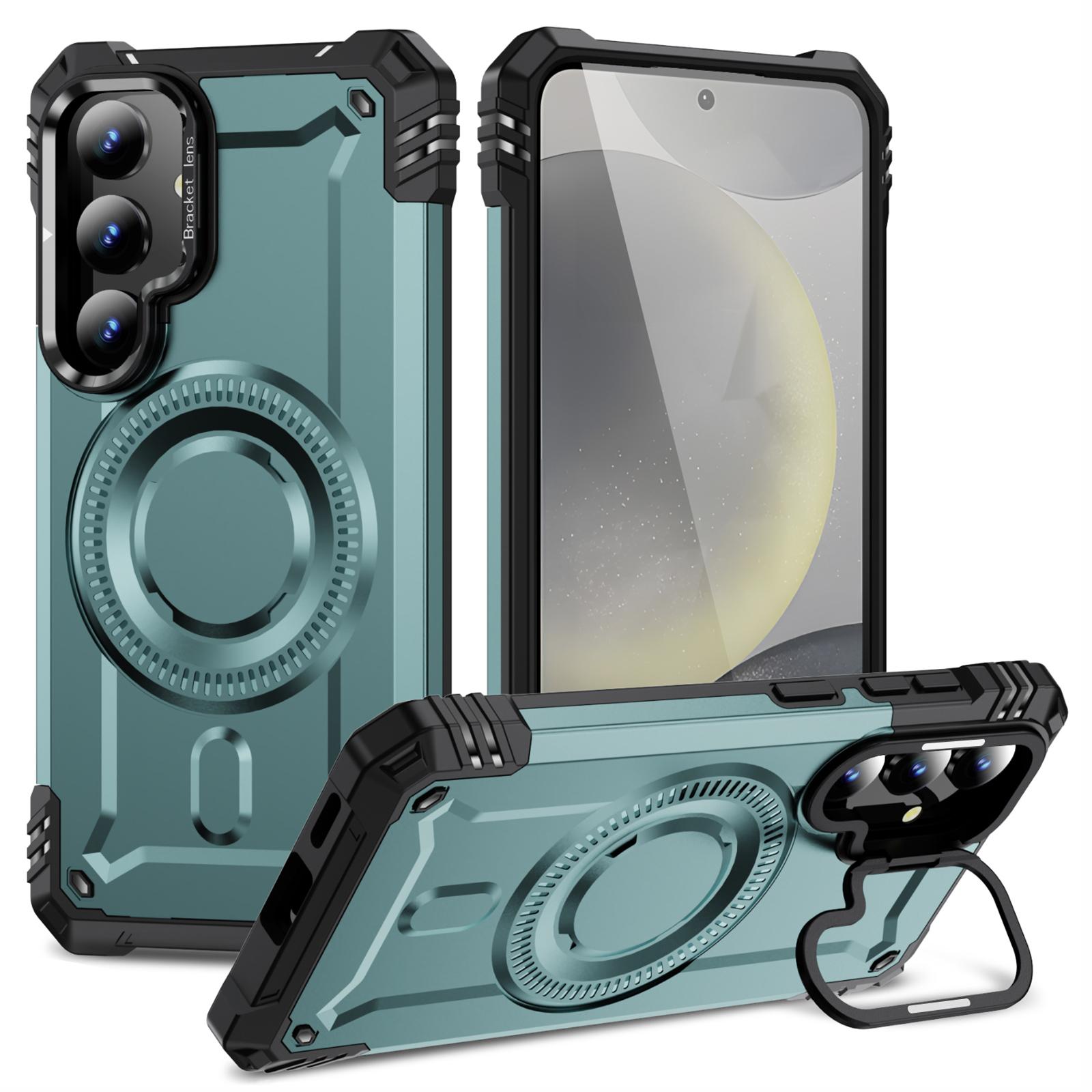 

For Samsung Galaxy S25+/S24+ Case Compatible with MagSafe Metal Lens Frame Kickstand PC+TPU Mobile Cover Grey Green