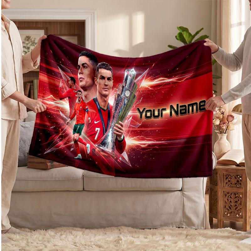 Coperta Personalizzata in Pile Cristiano Ronaldo con Logo Calcio, Testo Nome Personalizzato Morbida Calda Coperta da Divano per la Casa
