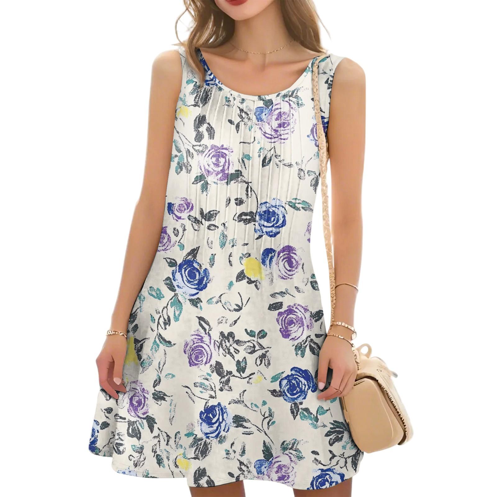 

Женское повседневное модное платье с цветочным принтом и круглым вырезом без рукавов S