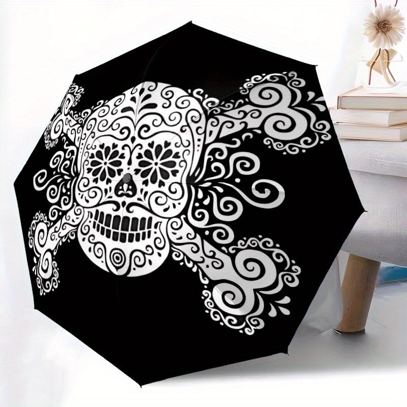 1pc Skull DayOfTheDead Automatic Open/close, Heavy-Duty Iron Frame & 8-Rib Structure, Compact Folding Umbrella for Women/Men, All-Season Travel, Hallo