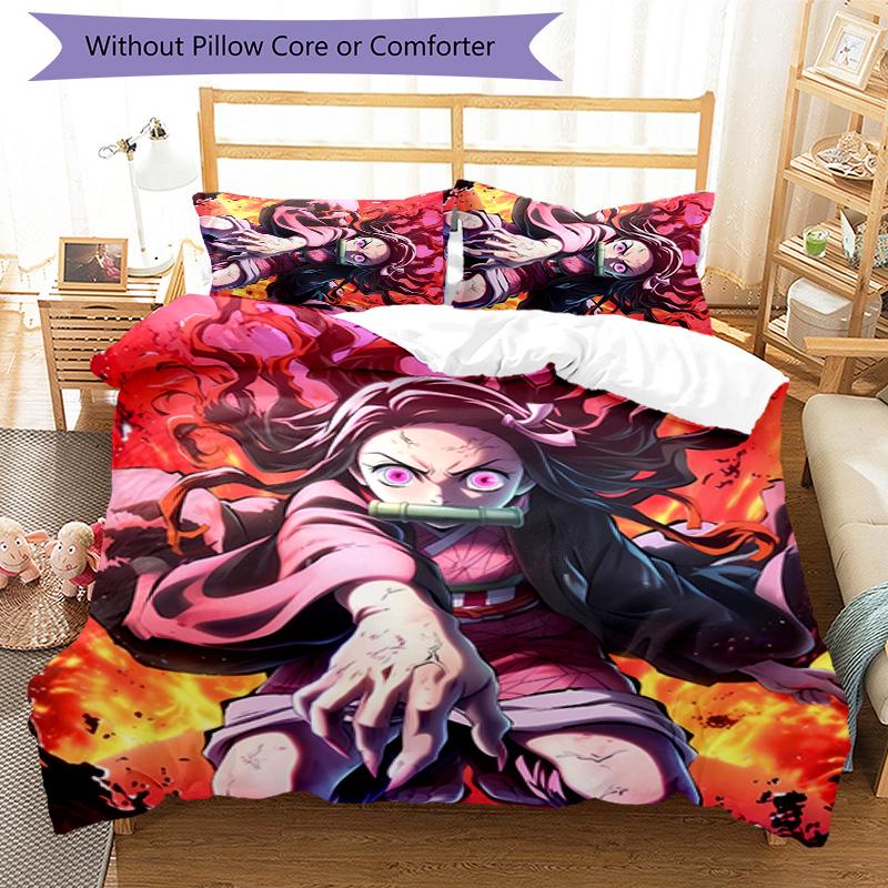 3pcs Demon Slayer Nezuko Pattern Bedding Set Duvet Cover Set Includes Duvet Cover &pillowcases, Perfect All Season Bedroom Decoration & Gift