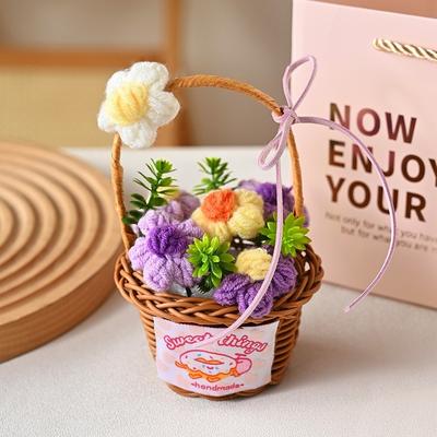 Cute Home Decor Crochet Flower Bouquet Gift Handmade Knitted Flower Basket Decorative Potted Plant Mother's Day