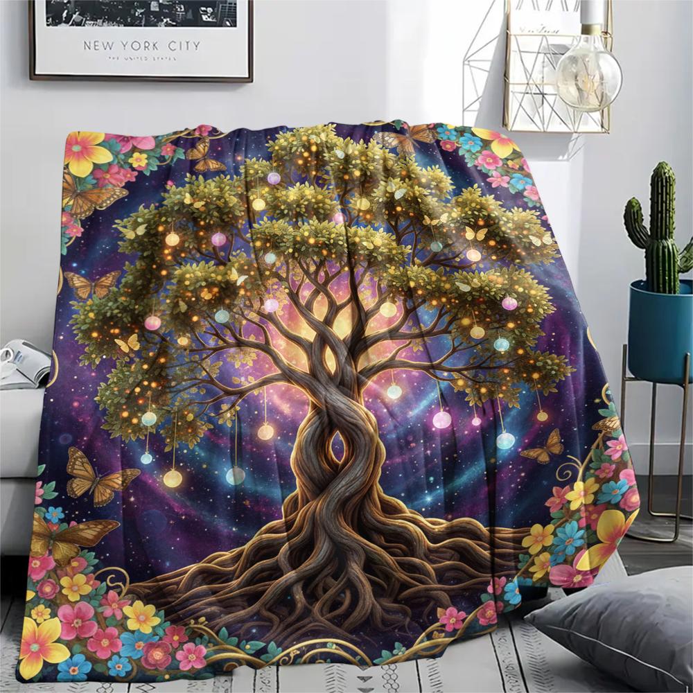 1PC Tree of Life Print Flannel Blanket, High quality All Seasons, Home Decor, Warmth and Comfort, Perfect for Christmas Gifts