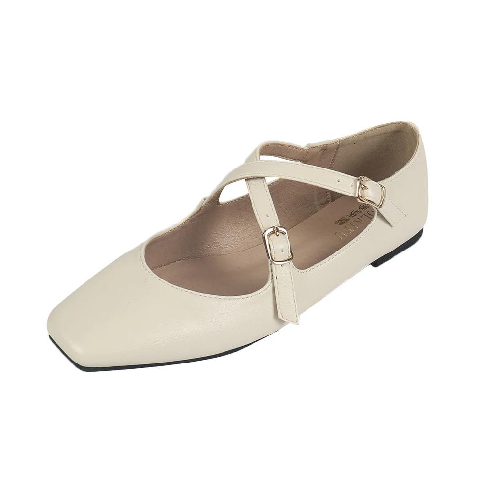 Fashion Low Heeled Mary Jane Single Shoes 2025 Women Shoes Retro Shallow Ballet Shoes Cross Buckle Shallow Soft Sole Flats Plus Size 44