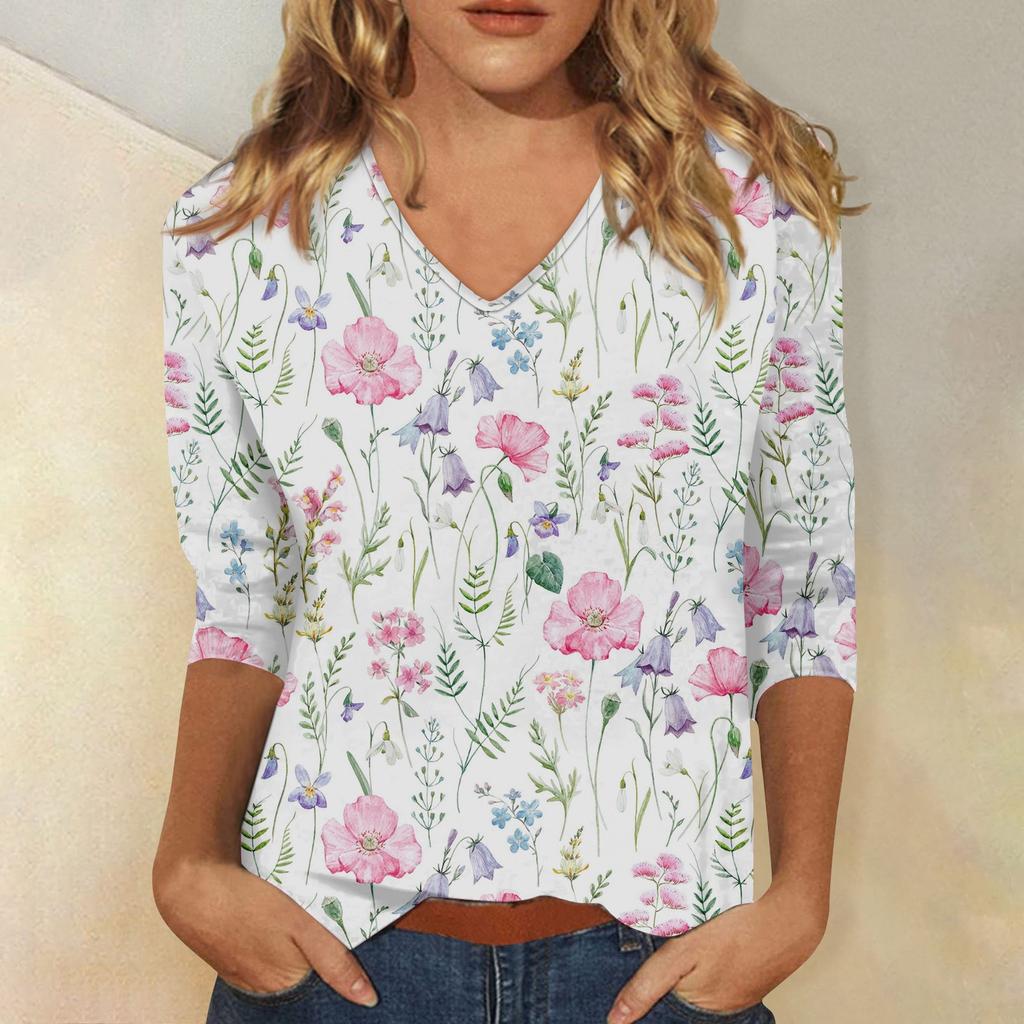 V-neck 3D Flower Pattern Printed Top Fashionable Casual Long Sleeved Women's T-shirts