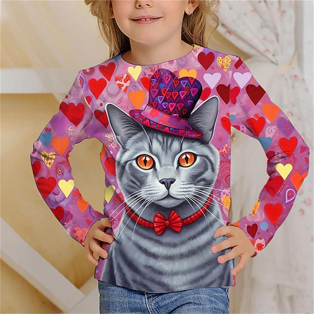 2024 Kids Clothes Cat Graphic T Shirts Fashion Baby T-Shirt Casual Kids Girl Tops Girls Clothes 2 to 8 Years Children's Clothing