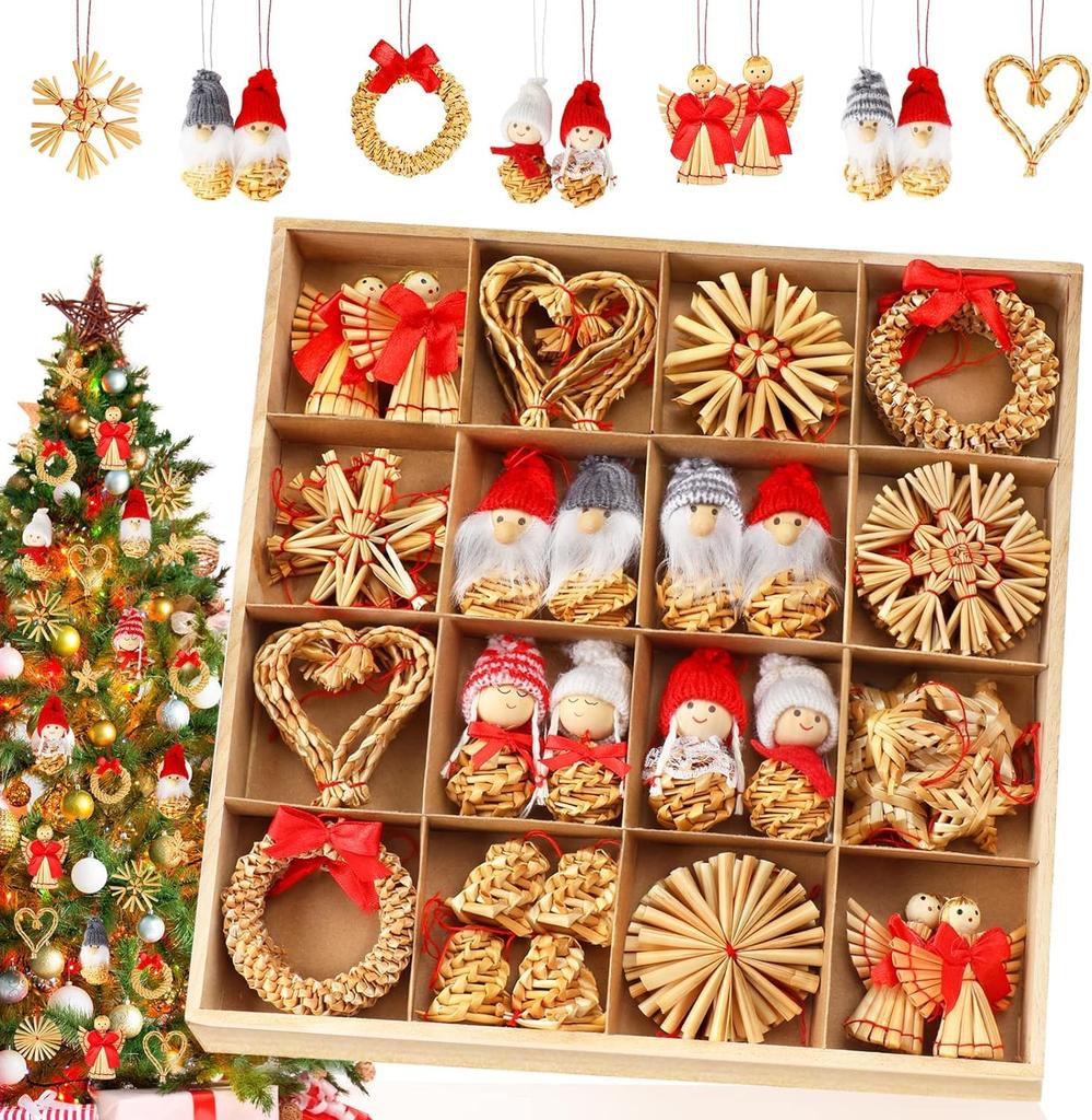 Christmas Tree Ornament Straw and Teru Teru Bou Perfect for Christmas and In a Wooden Box 52-Piece Set, Crafts, Snowflakes, (Lucky Dolls) - Gifts,