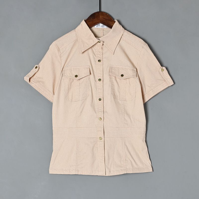

Летняя рубашка с коротким рукавом Весенне-осенняя женская одежда Элегантная Приталенная Стройнящая Нового цвета Хлопковая рубашка Стильный нишевый топ Beige 155/80A