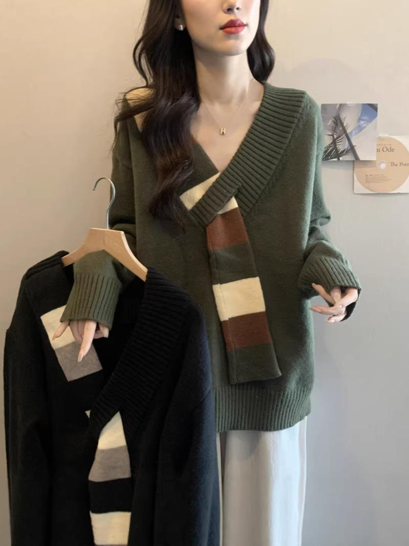 

2025 Fall/Winter Plus Size Knit V-Neck Pullover Sweater for Women 4XL чёрный
