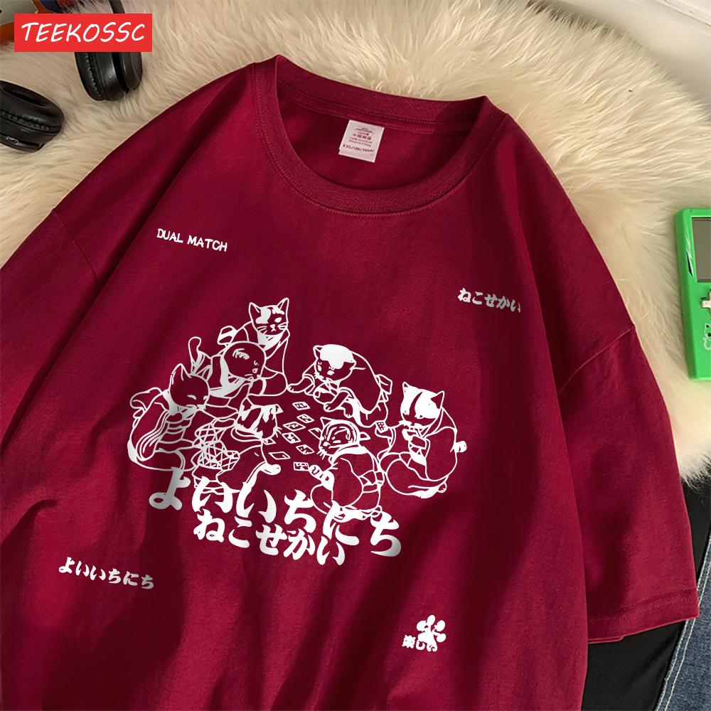 Trend Cotton Women'S T-Shirts Japanese Harajuku Style Cats Prints Short Sleeve O-Neck Oversize Breathable Summer Female Clothes
