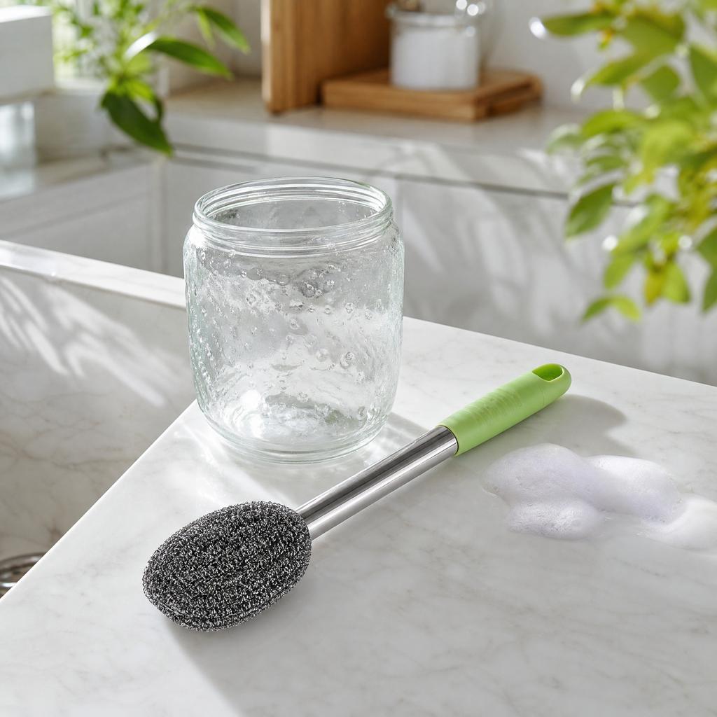 Long Handle Scrub Brush with Stainless Scourer for Bottles and Pots - Non-Shedding, Random Color