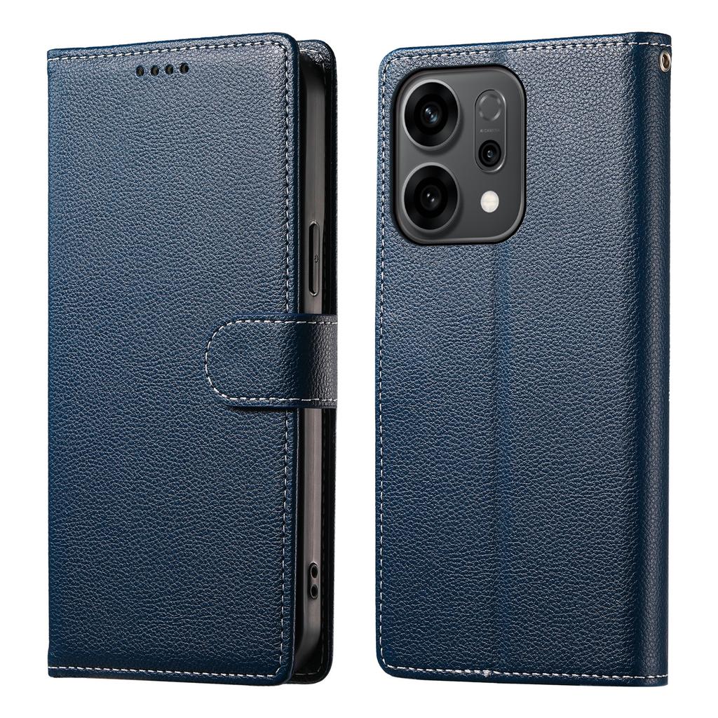 For Oppo Reno14 F 5G Case Magnetic Snap Litchi Texture Leather Wallet Phone Cover with Wrist Strap