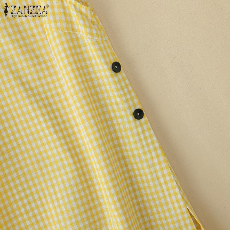 ZANZEA Women Casual Round Neck Sleeveless Plaid Print Dress Sundress