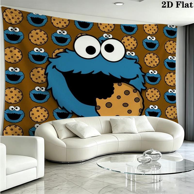 Cookie Monster Cartoon Wall Tapestry Aesthetic Wall Hanging Printed Fabric Blanket Decorative Tapestries for Bedroom Living Room Home Decor