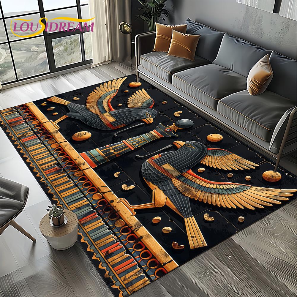2025 Antikes Ägypten Hieroglyphen Mythologie Wandmalerei Teppich für Wohnzimmer Schlafzimmer Sofadekoration,Rutschfeste Bodenmatte