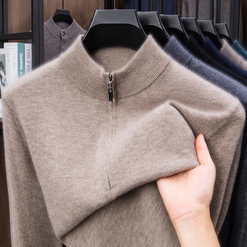 Men's Pure Wool Half-High Collar Zipper Sweater - Soft & Skin-Friendly Base Layer for Autumn/Winter.