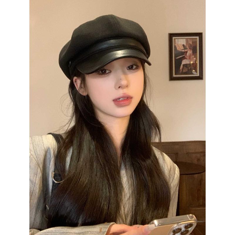 Versatile octagonal hat autumn and winter hat women's leather duck tongue beret literary and retro versatile painter hat