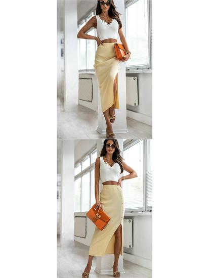 Elegant Ribbed Knit Slit Midi Skirt for Women - Summer Style